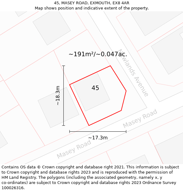 45, MASEY ROAD, EXMOUTH, EX8 4AR: Plot and title map