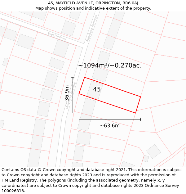 45, MAYFIELD AVENUE, ORPINGTON, BR6 0AJ: Plot and title map