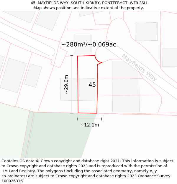 45, MAYFIELDS WAY, SOUTH KIRKBY, PONTEFRACT, WF9 3SH: Plot and title map