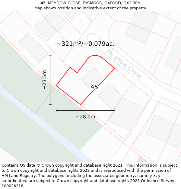 45, MEADOW CLOSE, FARMOOR, OXFORD, OX2 9PA: Plot and title map