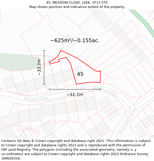 45, MEADOW CLOSE, LEEK, ST13 5TX: Plot and title map