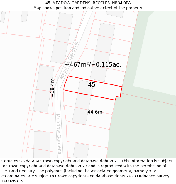 45, MEADOW GARDENS, BECCLES, NR34 9PA: Plot and title map