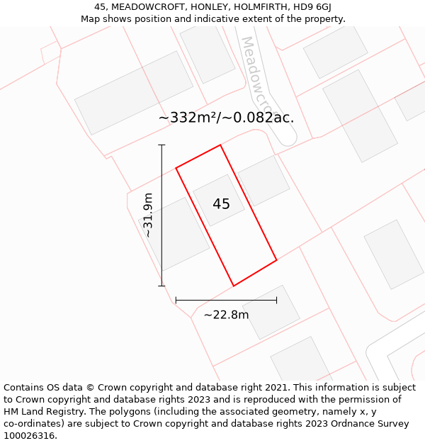 45, MEADOWCROFT, HONLEY, HOLMFIRTH, HD9 6GJ: Plot and title map