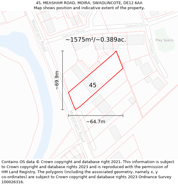 45, MEASHAM ROAD, MOIRA, SWADLINCOTE, DE12 6AA: Plot and title map