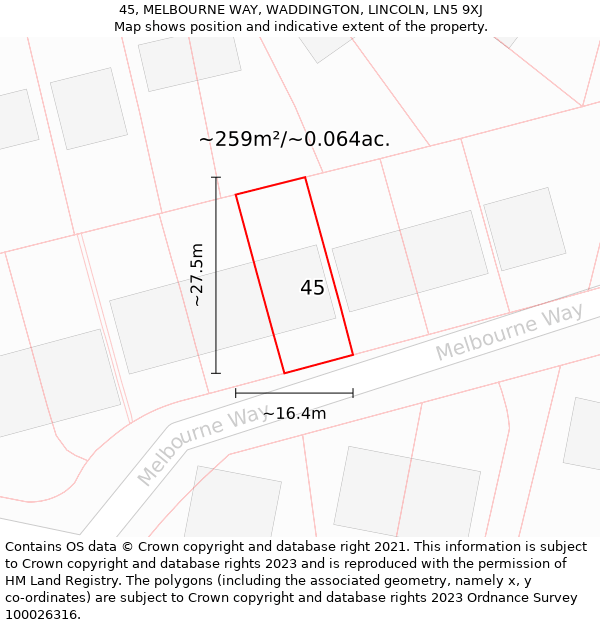 45, MELBOURNE WAY, WADDINGTON, LINCOLN, LN5 9XJ: Plot and title map