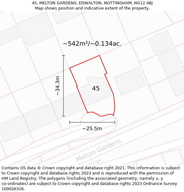 45, MELTON GARDENS, EDWALTON, NOTTINGHAM, NG12 4BJ: Plot and title map