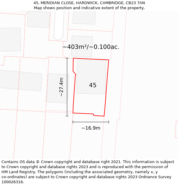 45, MERIDIAN CLOSE, HARDWICK, CAMBRIDGE, CB23 7AN: Plot and title map