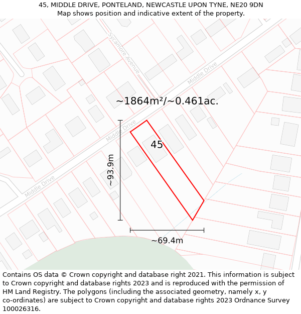 45, MIDDLE DRIVE, PONTELAND, NEWCASTLE UPON TYNE, NE20 9DN: Plot and title map