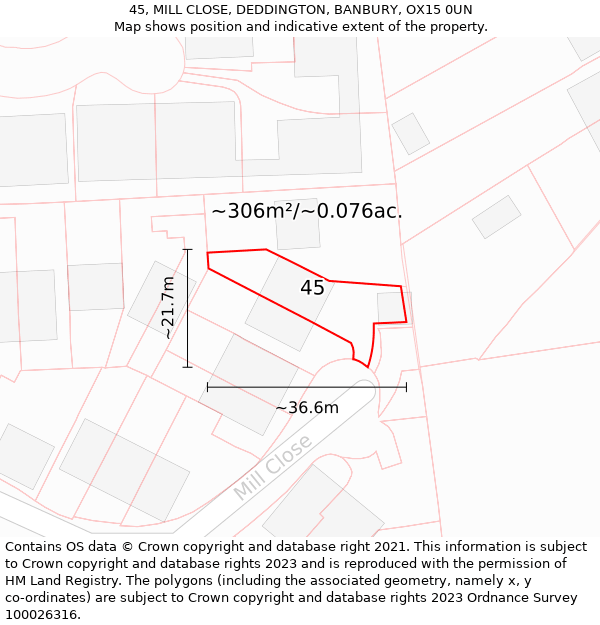 45, MILL CLOSE, DEDDINGTON, BANBURY, OX15 0UN: Plot and title map