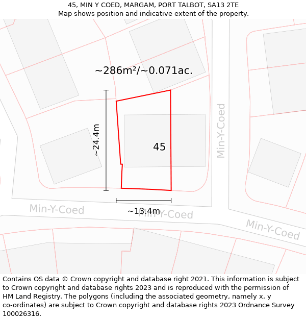 45, MIN Y COED, MARGAM, PORT TALBOT, SA13 2TE: Plot and title map