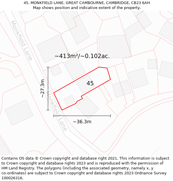 45, MONKFIELD LANE, GREAT CAMBOURNE, CAMBRIDGE, CB23 6AH: Plot and title map