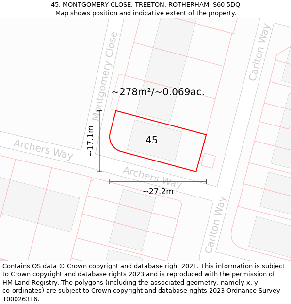 45, MONTGOMERY CLOSE, TREETON, ROTHERHAM, S60 5DQ: Plot and title map