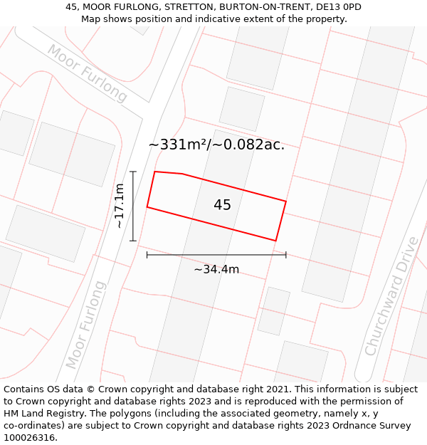 45, MOOR FURLONG, STRETTON, BURTON-ON-TRENT, DE13 0PD: Plot and title map