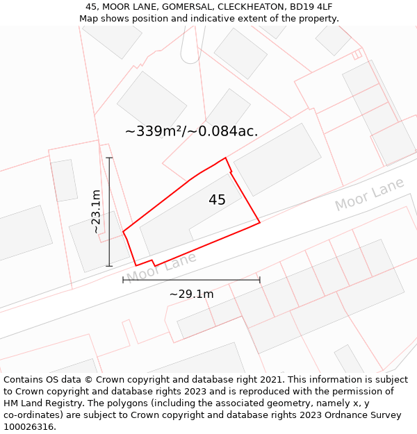 45, MOOR LANE, GOMERSAL, CLECKHEATON, BD19 4LF: Plot and title map