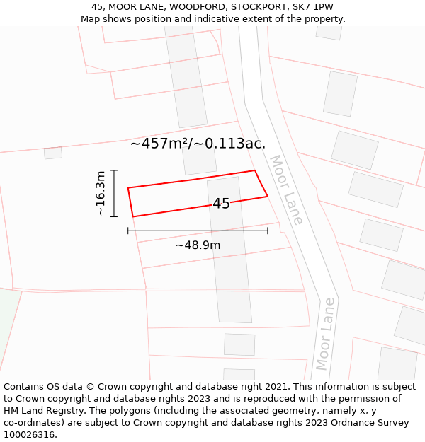 45, MOOR LANE, WOODFORD, STOCKPORT, SK7 1PW: Plot and title map