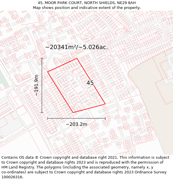 45, MOOR PARK COURT, NORTH SHIELDS, NE29 8AH: Plot and title map