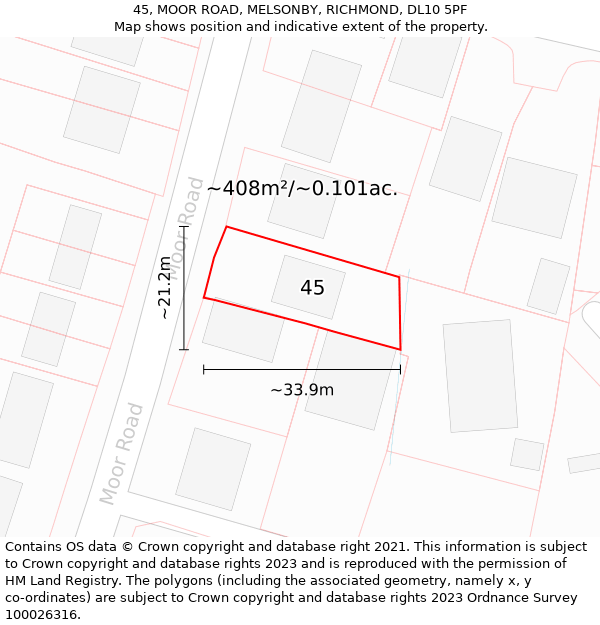 45, MOOR ROAD, MELSONBY, RICHMOND, DL10 5PF: Plot and title map