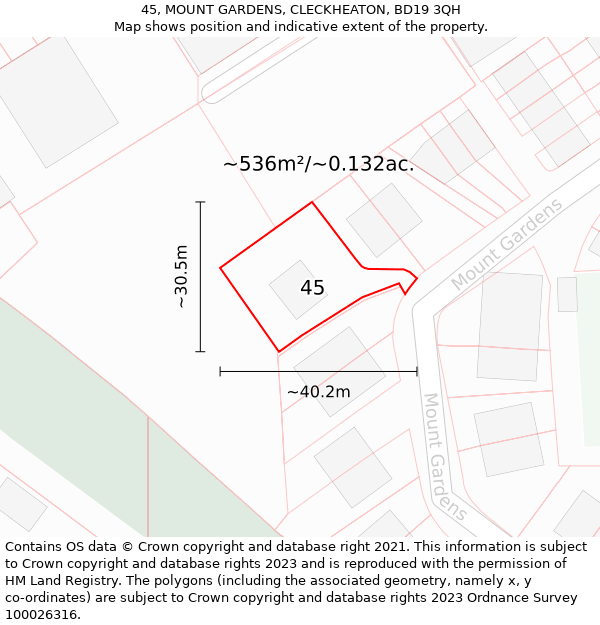 45, MOUNT GARDENS, CLECKHEATON, BD19 3QH: Plot and title map