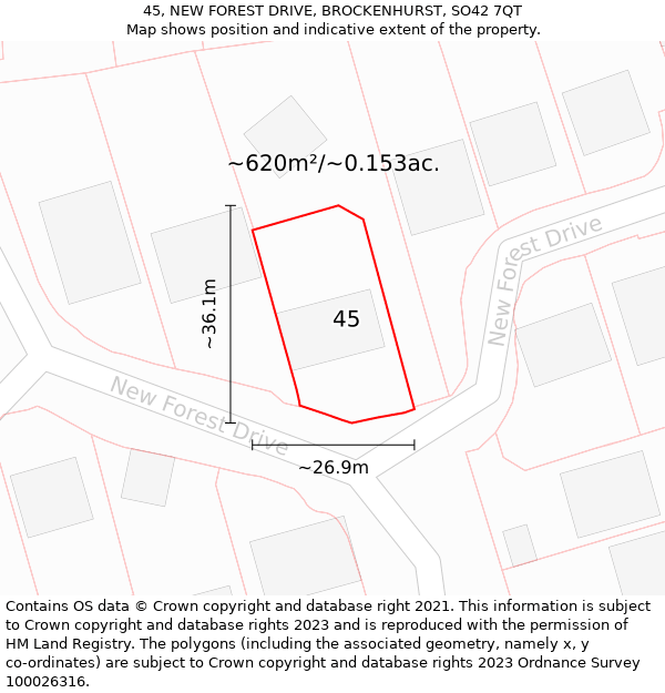 45, NEW FOREST DRIVE, BROCKENHURST, SO42 7QT: Plot and title map