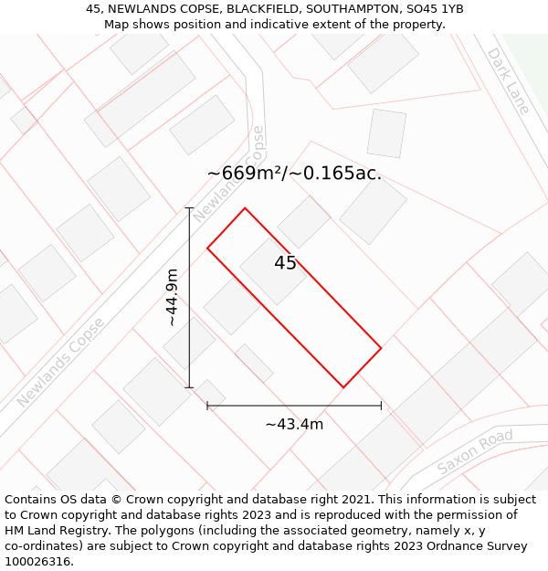 45, NEWLANDS COPSE, BLACKFIELD, SOUTHAMPTON, SO45 1YB: Plot and title map