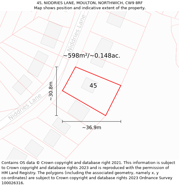 45, NIDDRIES LANE, MOULTON, NORTHWICH, CW9 8RF: Plot and title map