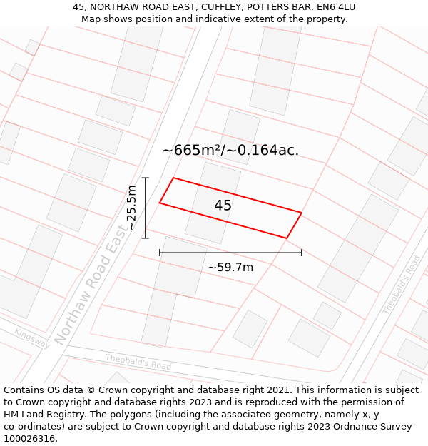 45, NORTHAW ROAD EAST, CUFFLEY, POTTERS BAR, EN6 4LU: Plot and title map