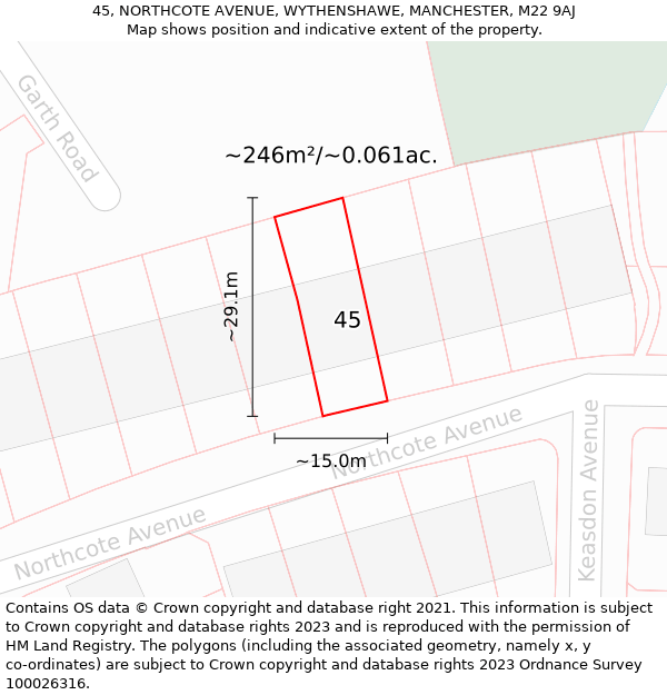 45, NORTHCOTE AVENUE, WYTHENSHAWE, MANCHESTER, M22 9AJ: Plot and title map