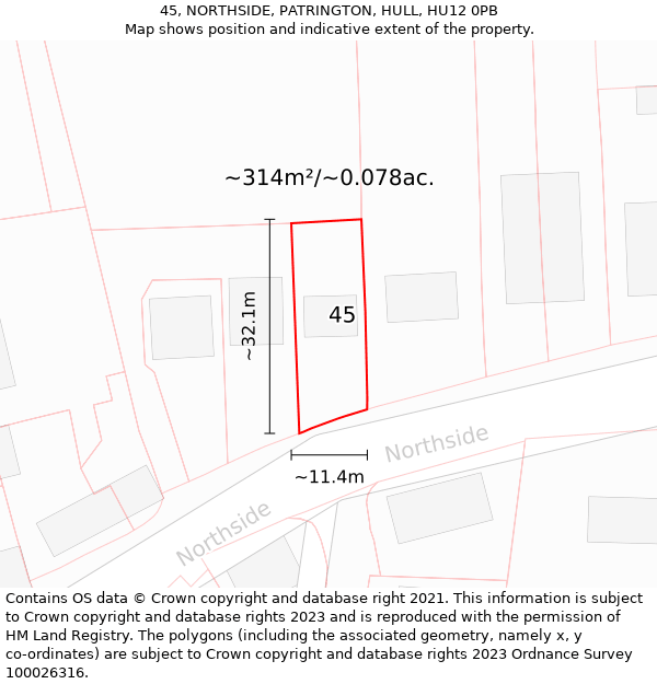 45, NORTHSIDE, PATRINGTON, HULL, HU12 0PB: Plot and title map