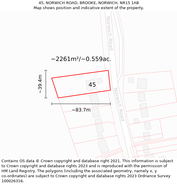 45, NORWICH ROAD, BROOKE, NORWICH, NR15 1AB: Plot and title map