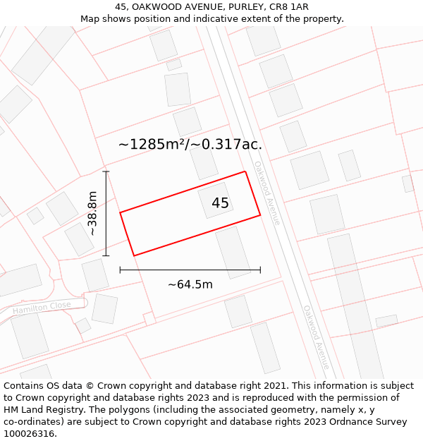 45, OAKWOOD AVENUE, PURLEY, CR8 1AR: Plot and title map