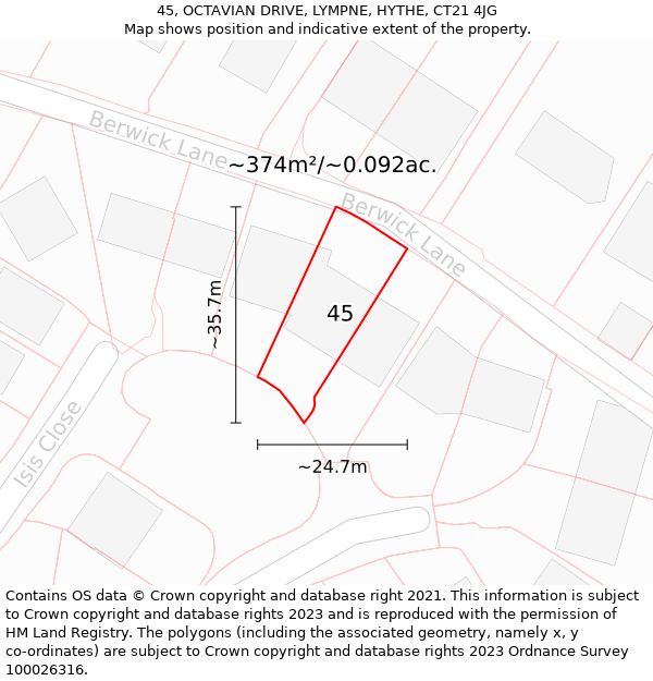 45, OCTAVIAN DRIVE, LYMPNE, HYTHE, CT21 4JG: Plot and title map