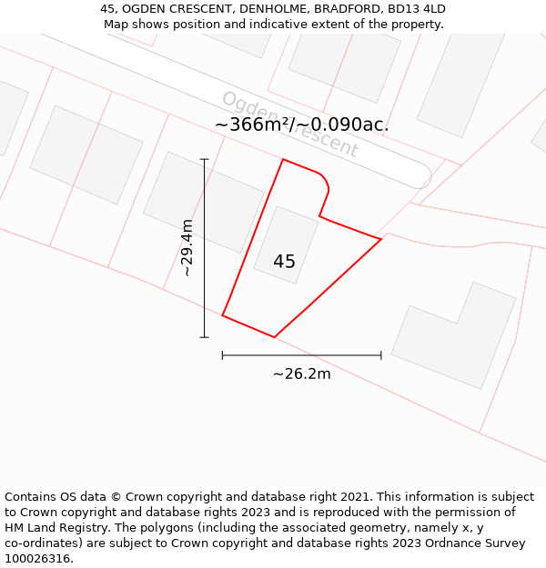 45, OGDEN CRESCENT, DENHOLME, BRADFORD, BD13 4LD: Plot and title map