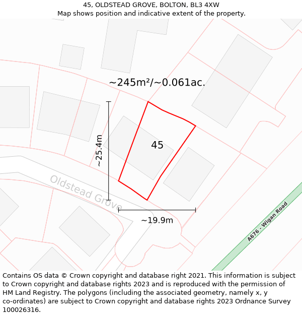 45, OLDSTEAD GROVE, BOLTON, BL3 4XW: Plot and title map