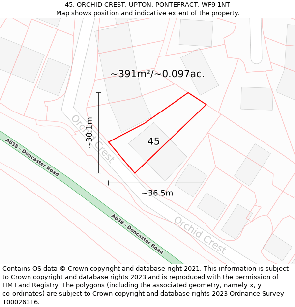 45, ORCHID CREST, UPTON, PONTEFRACT, WF9 1NT: Plot and title map