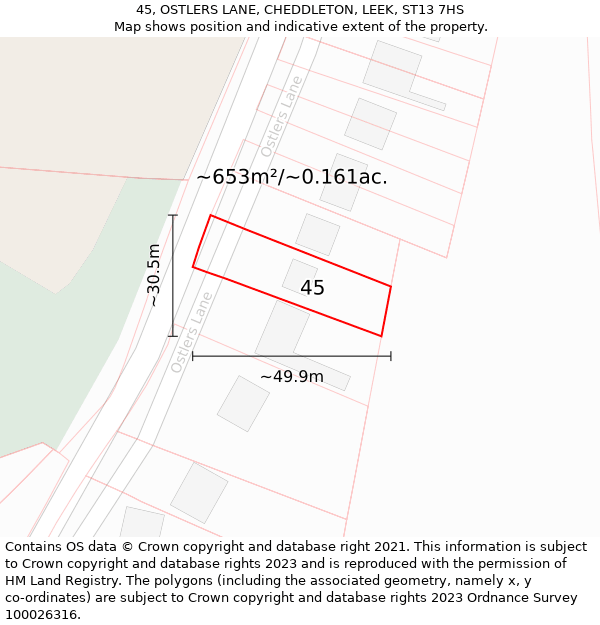 45, OSTLERS LANE, CHEDDLETON, LEEK, ST13 7HS: Plot and title map