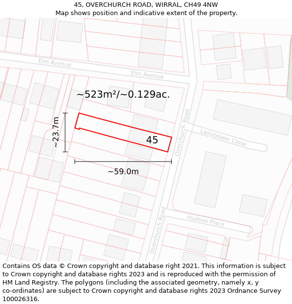 45, OVERCHURCH ROAD, WIRRAL, CH49 4NW: Plot and title map