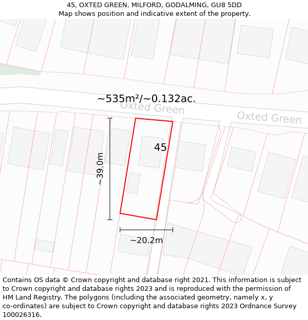 45, OXTED GREEN, MILFORD, GODALMING, GU8 5DD: Plot and title map