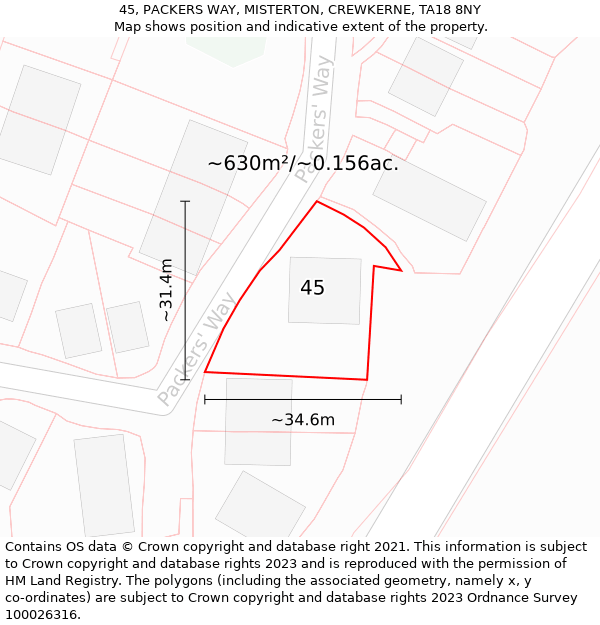 45, PACKERS WAY, MISTERTON, CREWKERNE, TA18 8NY: Plot and title map