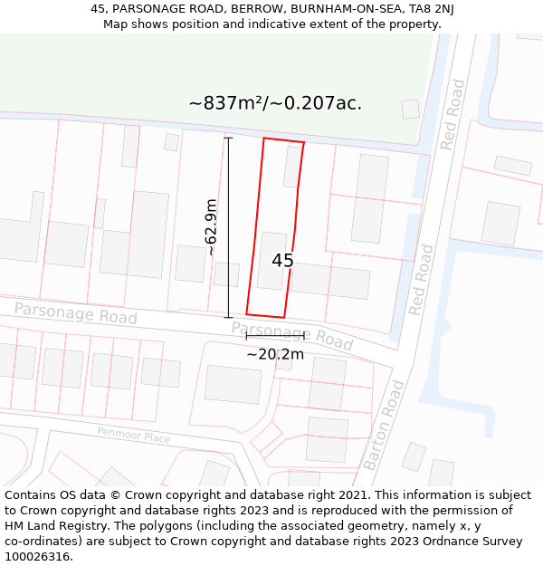 45, PARSONAGE ROAD, BERROW, BURNHAM-ON-SEA, TA8 2NJ: Plot and title map