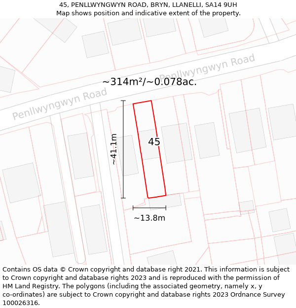 45, PENLLWYNGWYN ROAD, BRYN, LLANELLI, SA14 9UH: Plot and title map