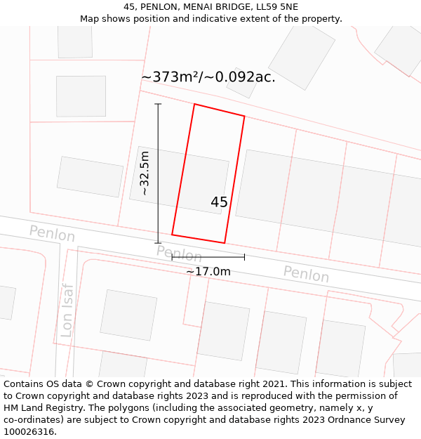 45, PENLON, MENAI BRIDGE, LL59 5NE: Plot and title map