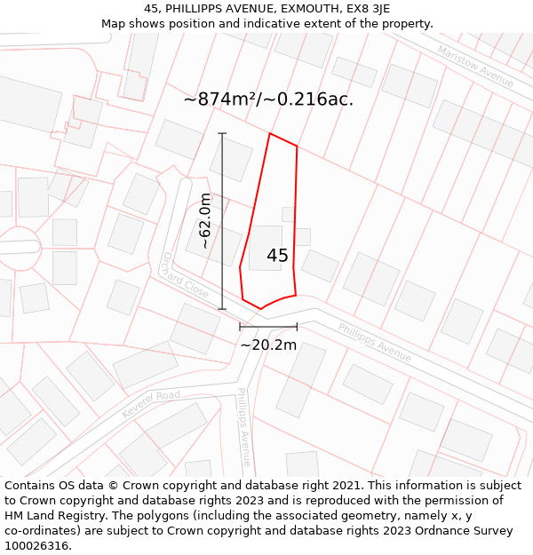 45, PHILLIPPS AVENUE, EXMOUTH, EX8 3JE: Plot and title map