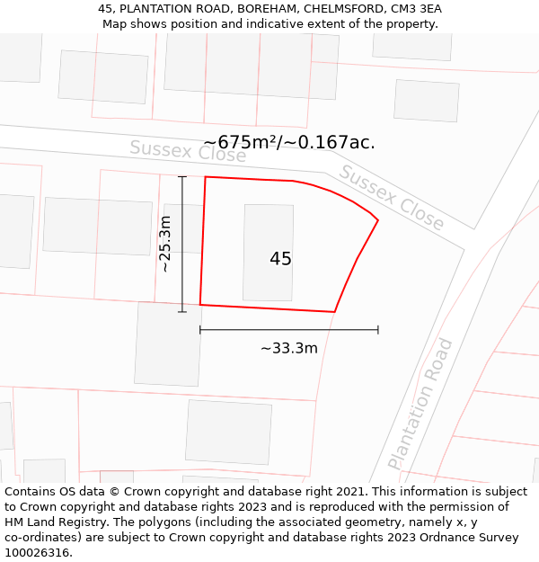 45, PLANTATION ROAD, BOREHAM, CHELMSFORD, CM3 3EA: Plot and title map