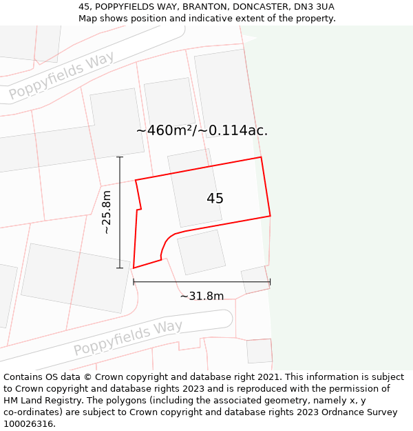 45, POPPYFIELDS WAY, BRANTON, DONCASTER, DN3 3UA: Plot and title map