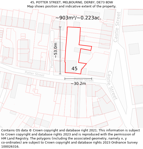 45, POTTER STREET, MELBOURNE, DERBY, DE73 8DW: Plot and title map