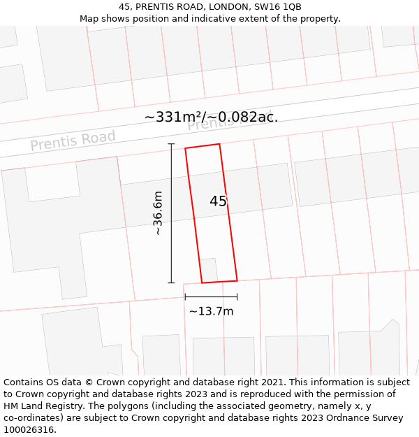 45, PRENTIS ROAD, LONDON, SW16 1QB: Plot and title map