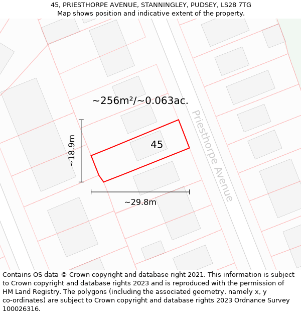 45, PRIESTHORPE AVENUE, STANNINGLEY, PUDSEY, LS28 7TG: Plot and title map