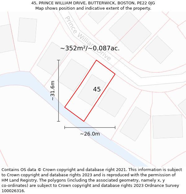 45, PRINCE WILLIAM DRIVE, BUTTERWICK, BOSTON, PE22 0JG: Plot and title map