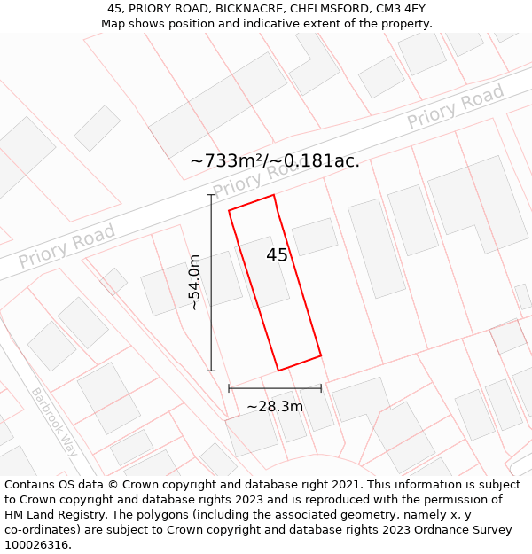 45, PRIORY ROAD, BICKNACRE, CHELMSFORD, CM3 4EY: Plot and title map