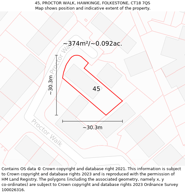 45, PROCTOR WALK, HAWKINGE, FOLKESTONE, CT18 7QS: Plot and title map